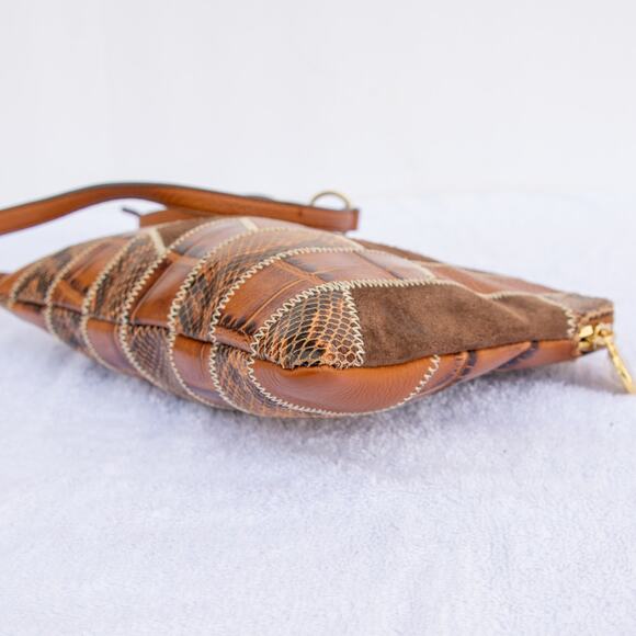 G.I.L.I. Brown Tan Embossed Snake Croc Leather Suede Patchwork Crossbody Purse - Picture 5 of 11